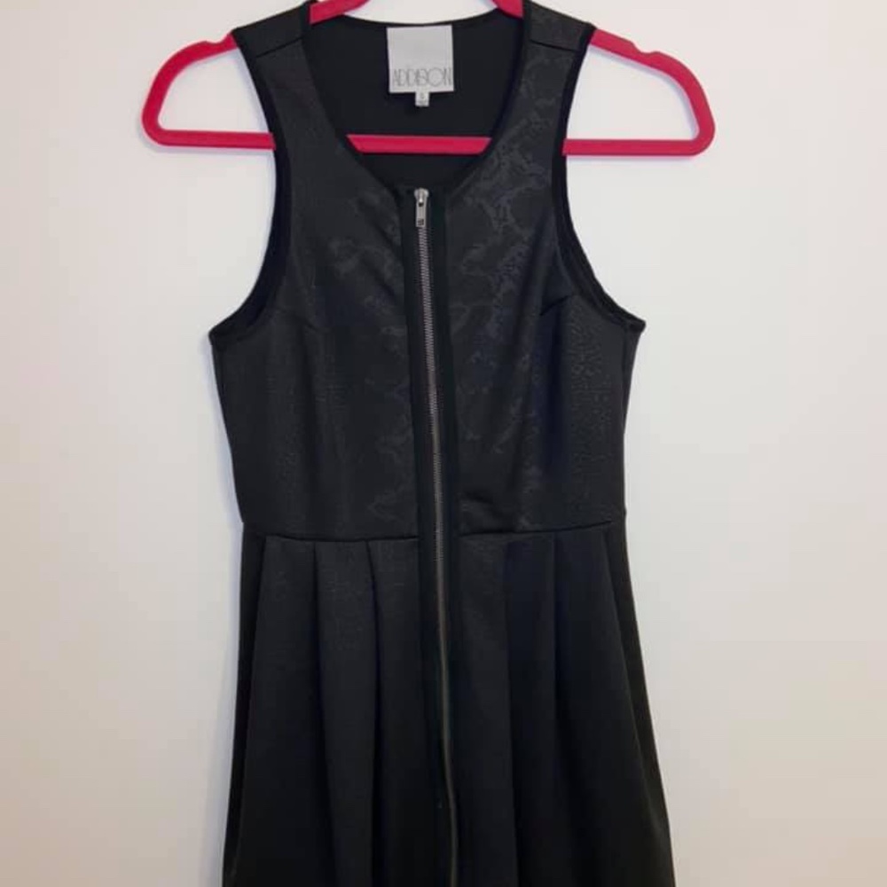 Black python print front zip skater semiformal dress